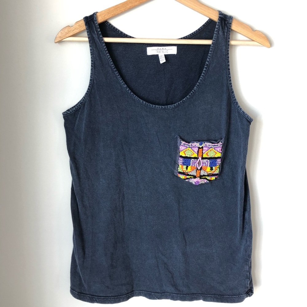 ZARA Sun Washed Beaded Pocket Tank